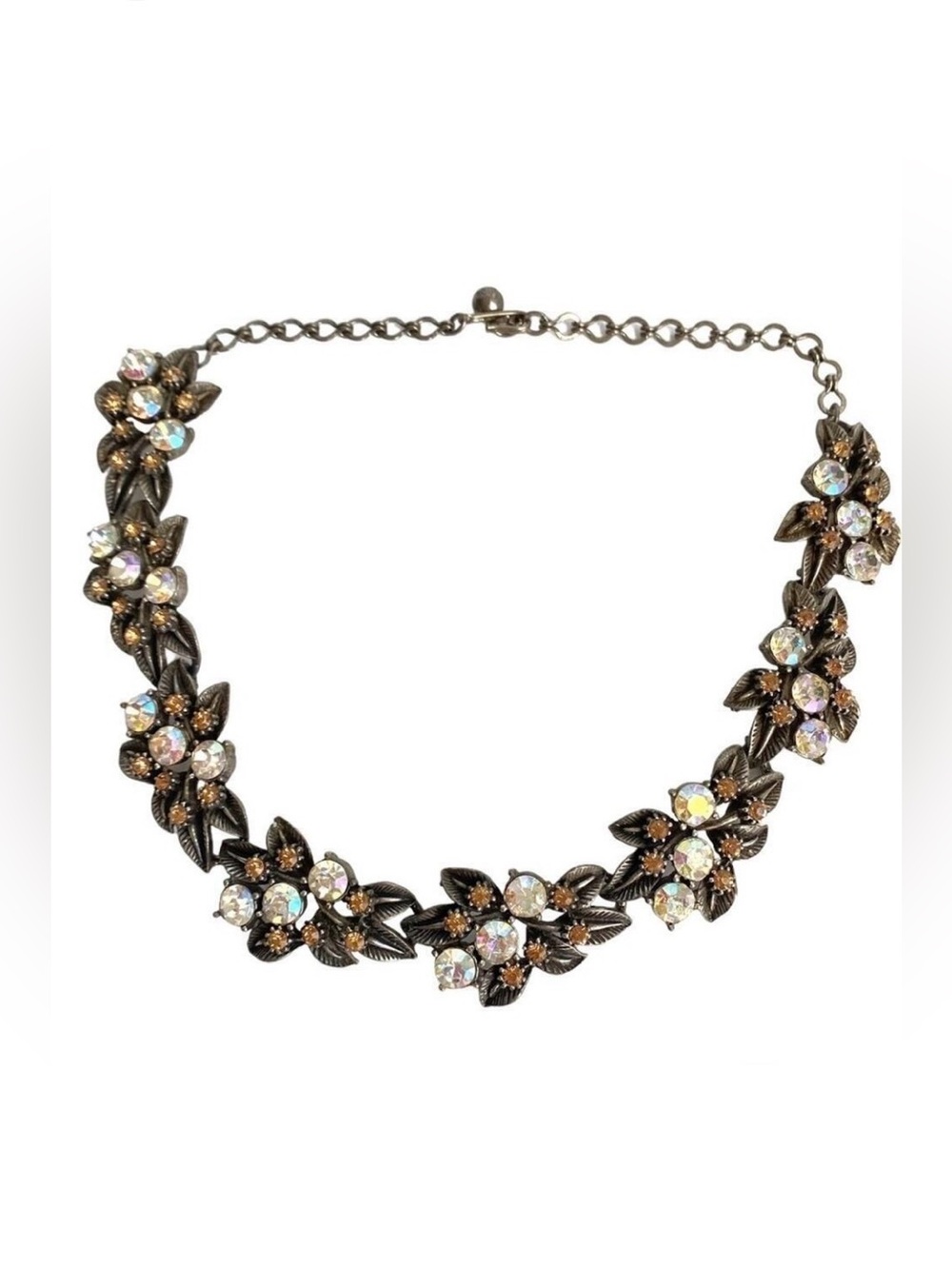 Vintage‎ FLORENZA Necklace Aurora Borealis Crystal Leaf Floral Rhinestone Choker